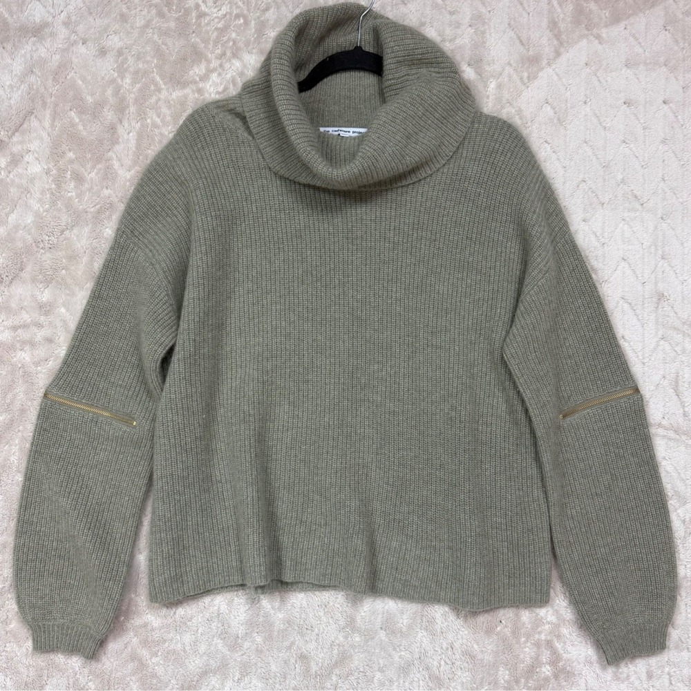 The Cashmere Project Sage Green 100% Cashmere Cowl Neck Zipper Elbow Sweater M